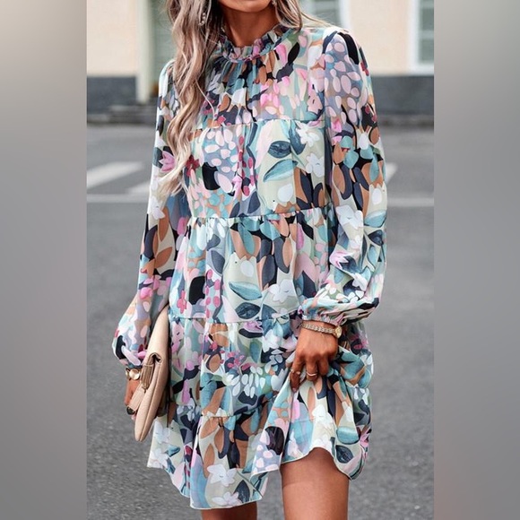 Anna-Kaci Dresses & Skirts - Frilled Neck Floral Long Sleeve Dress
